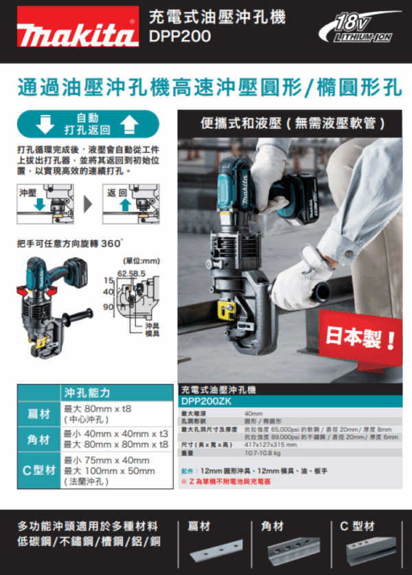 【牧田Makita】DPP200ZK 充電式油壓沖孔機